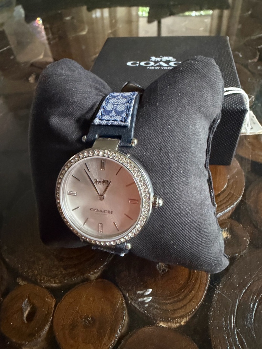 Coach Women's Silver Dial Watch with Blue Signature Strap